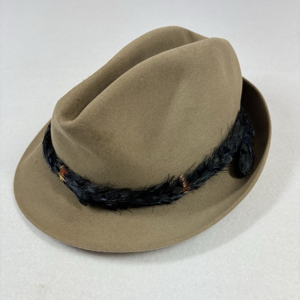 Vintage Knox Jaguar Fedora Hat~ 7-1/8 Beige Feather Wrap Detail Classic‎